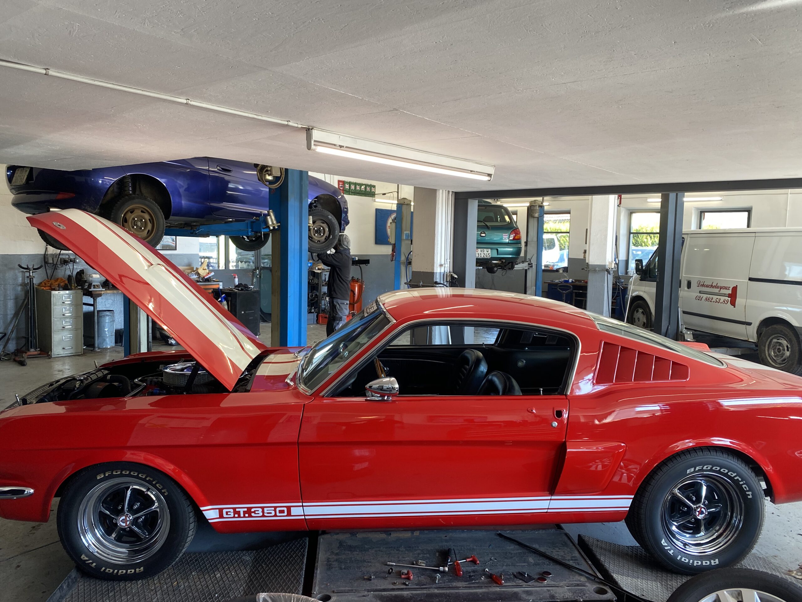 ALT : Ford Mustang Shelby GT350 en réparation au Garage Saint-Barthélemy Title : Ford Mustang GT350 — Spécialiste Ford Saint-Barthélemy Vaud Caption : Ford G.T.350